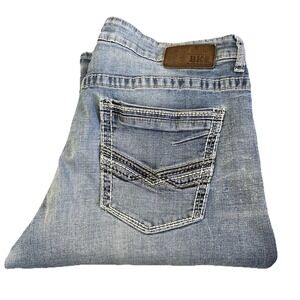 BKE Tyler Jeans Mens 36X36 Vernal Blue Denim Straight Leg Buckle Whiskered Fade